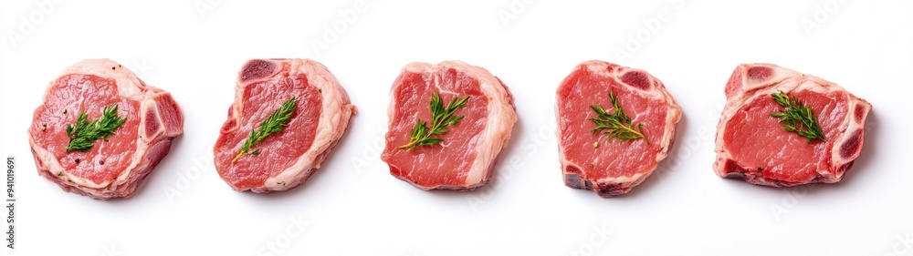 Five Raw Lamb Chops with Herbs on White Background Five Raw Lamb Chops with Herbs on White Background