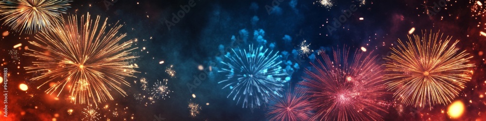 Fototapeta premium Dazzling Fireworks Celebration: AI-Generated Abstract Composition for National Holidays and Festive Events. Vibrant Patriotic Display with Flag-Inspired Colors, Perfect for Marketing, Web Design, and 