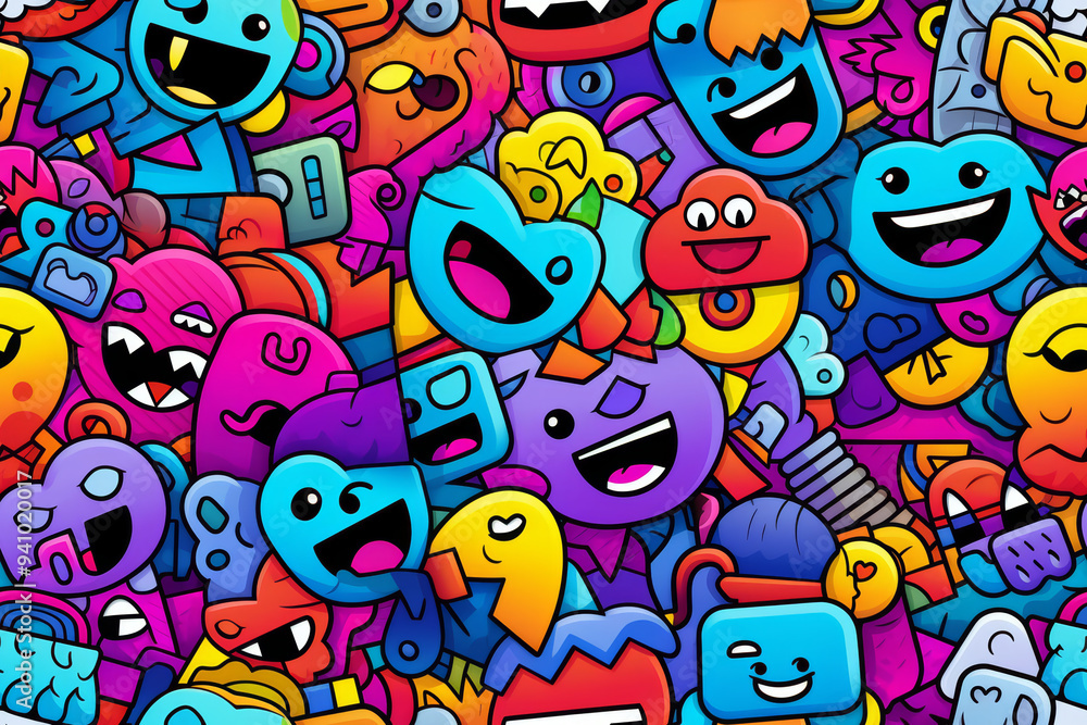 Colorful seamless pattern with cartoon characters, doodle, and abstract elements. Colorful seamless pattern with cartoon characters, doodle, and abstract elements.