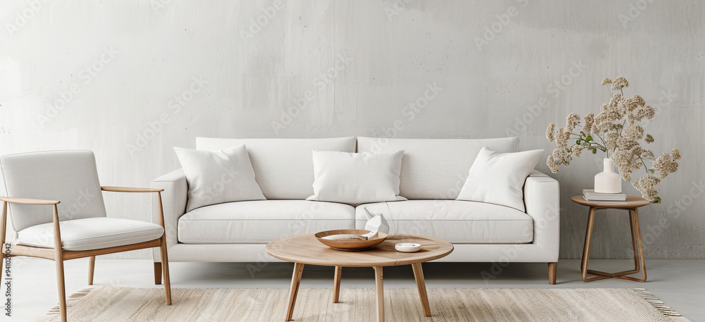 A white couch and a wooden coffee table sit in a room with a white wall by AI generated image A white couch and a wooden coffee table sit in a room with a white wall by AI generated image