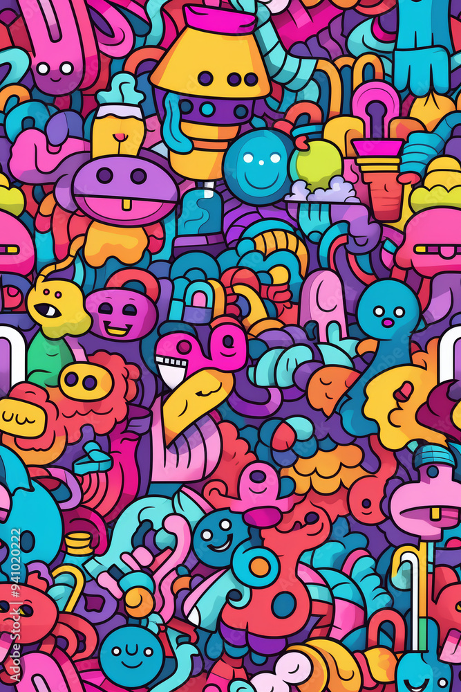 Colorful seamless pattern with various doodle characters and shapes. Colorful seamless pattern with various doodle characters and shapes.