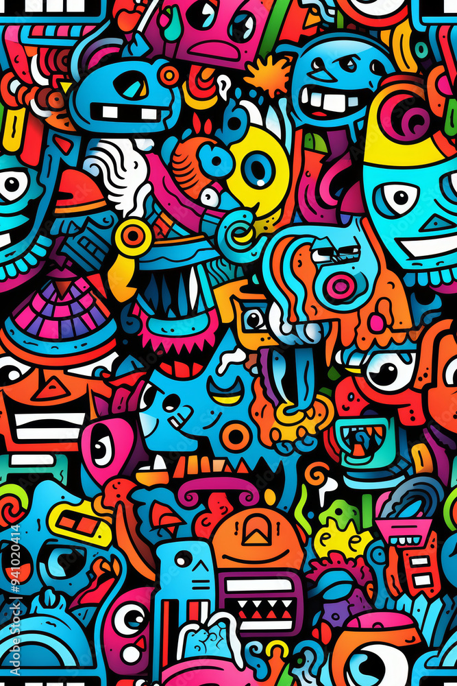 Colorful seamless pattern with funny cartoon creatures, monsters and aliens. Colorful seamless pattern with funny cartoon creatures, monsters and aliens.