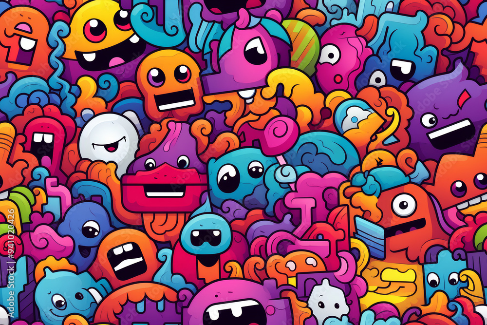 Colorful, playful doodle pattern with various cartoon monsters and abstract elements. Colorful, playful doodle pattern with various cartoon monsters and abstract elements.