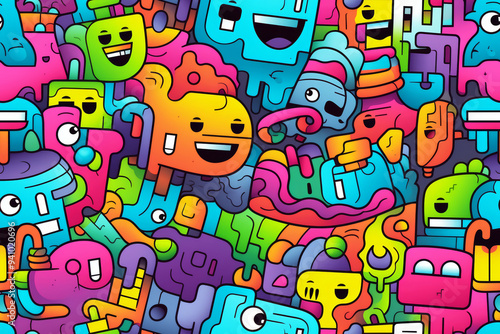 Seamless pattern of colorful cartoon doodle monsters with different expressions and shapes.