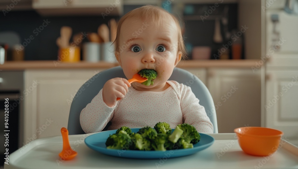 A cute little girl sits in her high chair and eats broccoli. She holds an orange spoon with steamed green vegetables on it and her big blue eyes look at the camera. Healthy eating for kids A cute little girl sits in her high chair and eats broccoli. She holds an orange spoon with steamed green vegetables on it and her big blue eyes look at the camera. Healthy eating for kids