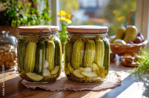 A pair of jars filled with pickles are arranged on a kitchen counter in front of a sunny window. The jar of pickles has a wooden lid and clear glass to highlight its vibrant green color.