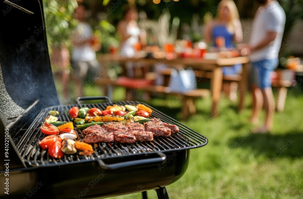 A close-up of an outdoor grill with steaks and vegetables, people in the background enjoying a barbecue party at home on a green, grassy lawn, with a focused shot and blurred depth of field A close-up of an outdoor grill with steaks and vegetables, people in the background enjoying a barbecue party at home on a green, grassy lawn, with a focused shot and blurred depth of field