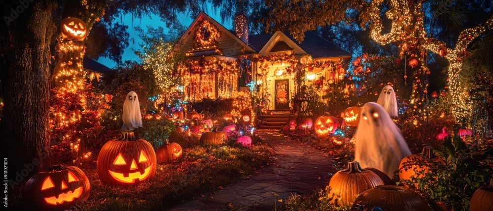 Fototapeta premium A Spooky Halloween House Decorated With Jack-O-Lanterns and Ghosts