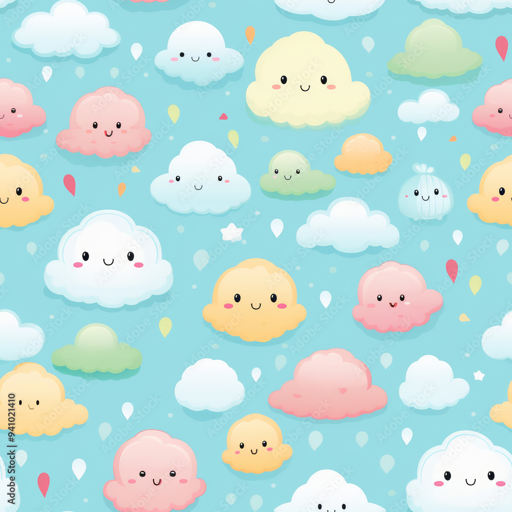 Seamless pattern of cute cartoon clouds with smiling faces on a blue background. Seamless pattern of cute cartoon clouds with smiling faces on a blue background.