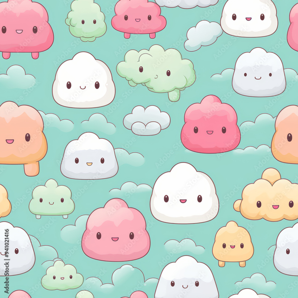 Seamless pattern of cute cartoon clouds with happy faces on a turquoise background. Seamless pattern of cute cartoon clouds with happy faces on a turquoise background.