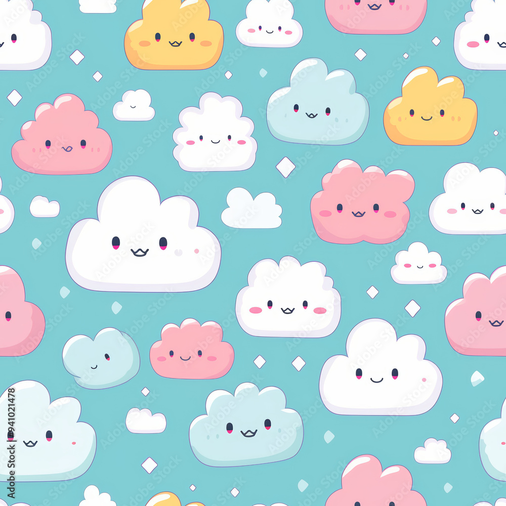 Seamless pattern of cute cartoon clouds with smiling faces on a light blue background. Seamless pattern of cute cartoon clouds with smiling faces on a light blue background.