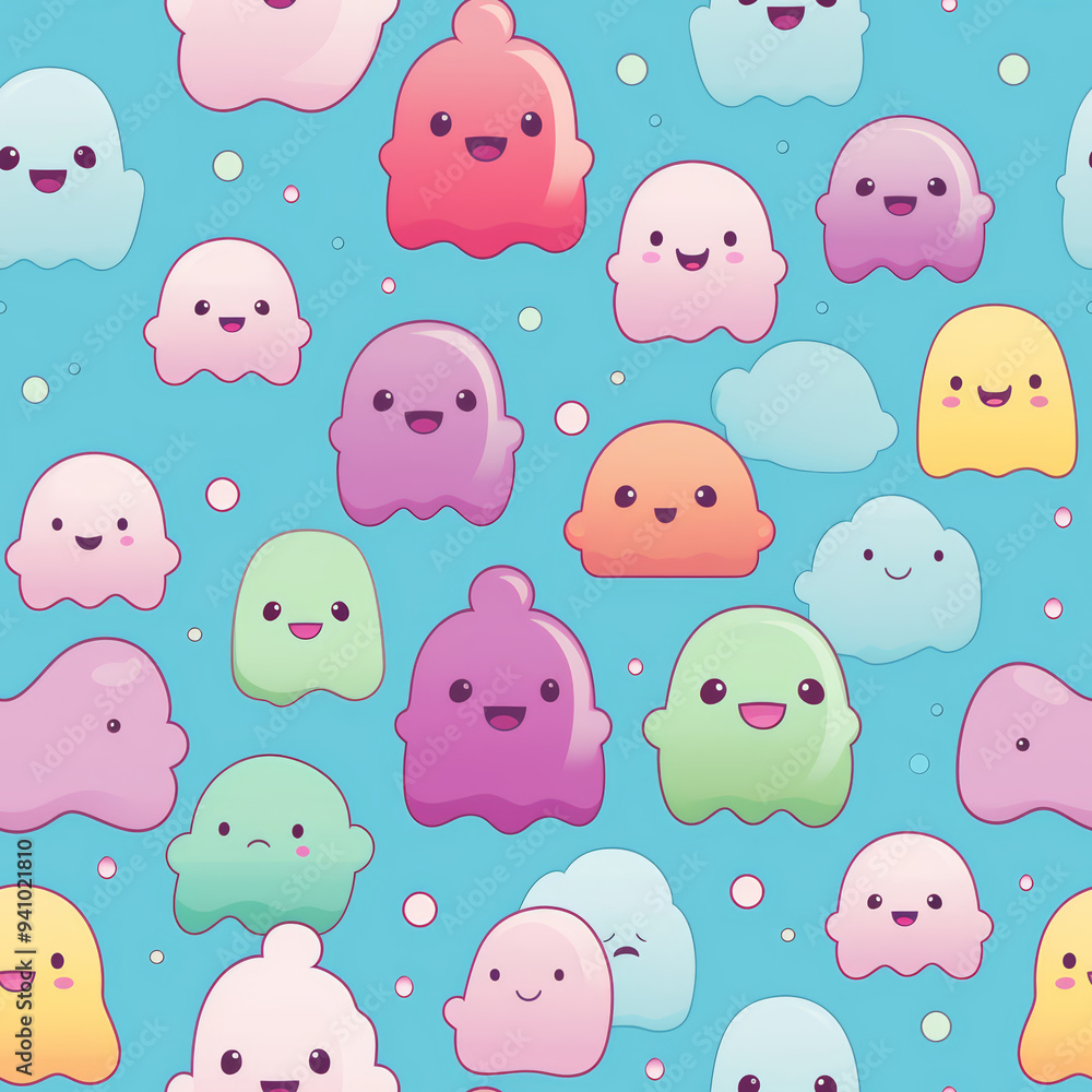 Fototapeta premium Seamless pattern of cute cartoon ghosts in various colors and sizes on a blue background.