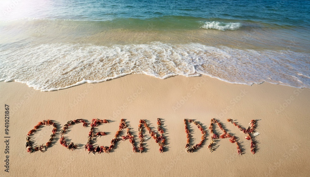 Fototapeta premium Ocean day text written in sand on a beach 