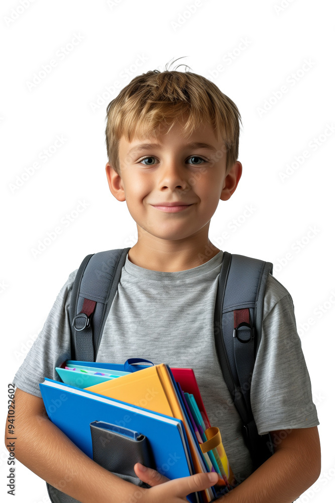 A schoolboy is holding a backpack and books A schoolboy is holding a backpack and books