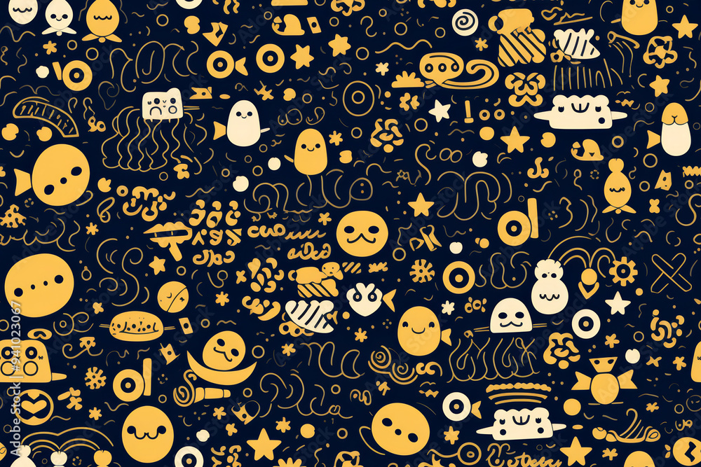 Seamless pattern of hand-drawn doodles in yellow and white on dark blue background. Seamless pattern of hand-drawn doodles in yellow and white on dark blue background.