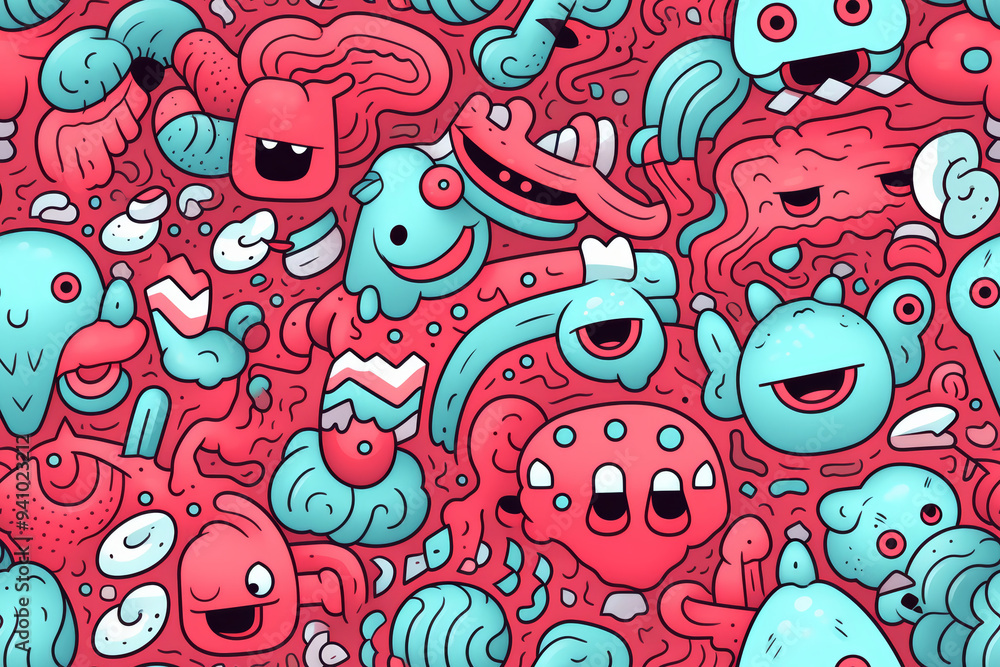 Naklejka premium Seamless pattern with cartoon monsters in blue and red colors.