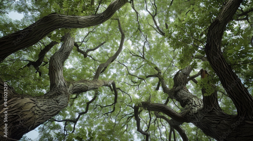 A shot looking up through the leaves of a tree's canopy, with sunlight filtering through A shot looking up through the leaves of a tree's canopy, with sunlight filtering through