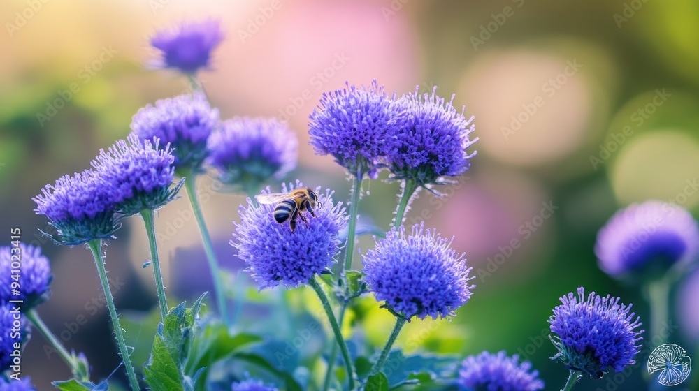 A Bee Pollinating Purple Flowers A Bee Pollinating Purple Flowers