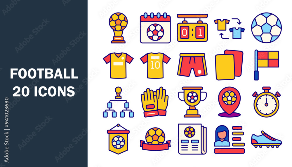 Set of 20 outline colour icons related to football. Vector illustration. Set of 20 outline colour icons related to football. Vector illustration.