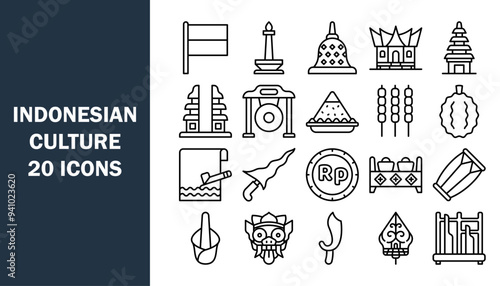 Set of 20 outline icons related to indonesia travel label landmarks tourism and traditional culture. Vector illustration.