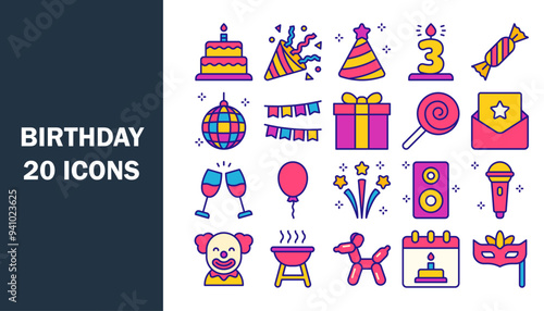 Set of 20 outline colour icons related to birthday equipment. Vector illustration.