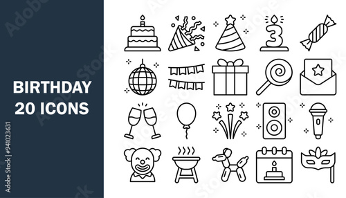 Set of 20 outline icons related to birthday equipment. Vector illustration.