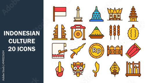 Set of 20 outline colour icons related to indonesia travel label landmarks tourism and traditional culture. Vector illustration.