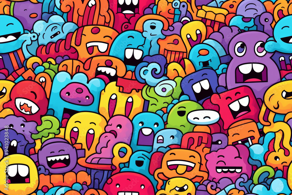 Fototapeta premium Seamless pattern with colorful doodle cartoon monster characters on a white background.
