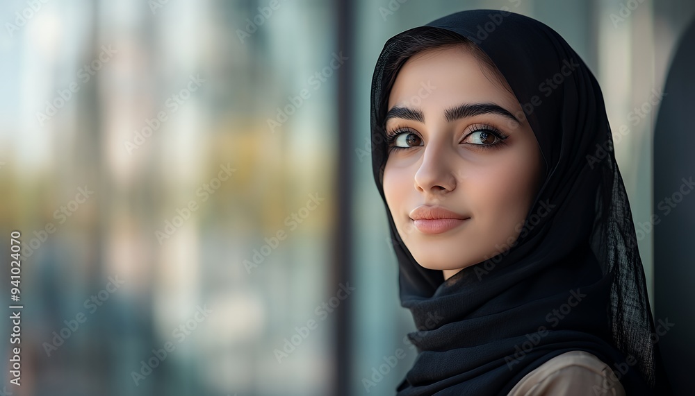 A portrait of a young woman wearing a black hijab, gazing thoughtfully. A portrait of a young woman wearing a black hijab, gazing thoughtfully.