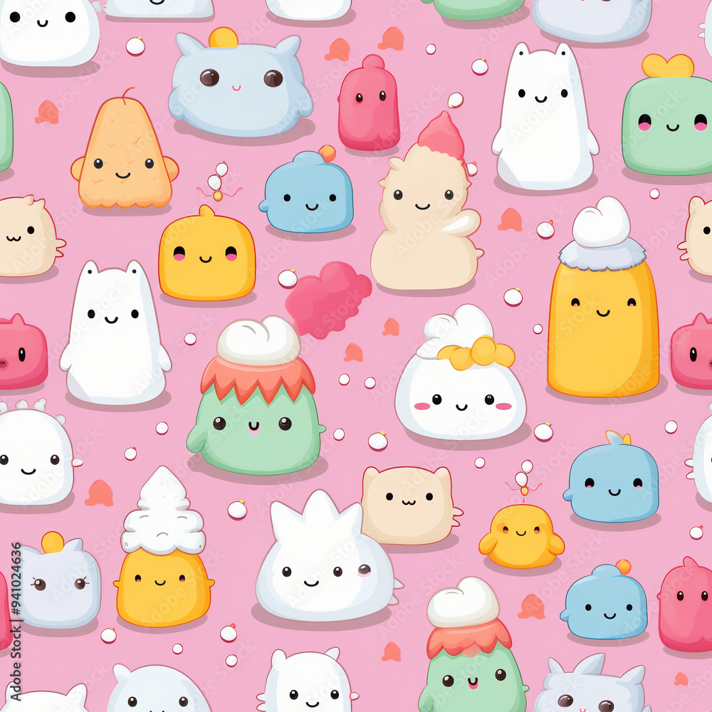 Seamless pattern with cute cartoon characters on a pink background. Seamless pattern with cute cartoon characters on a pink background.