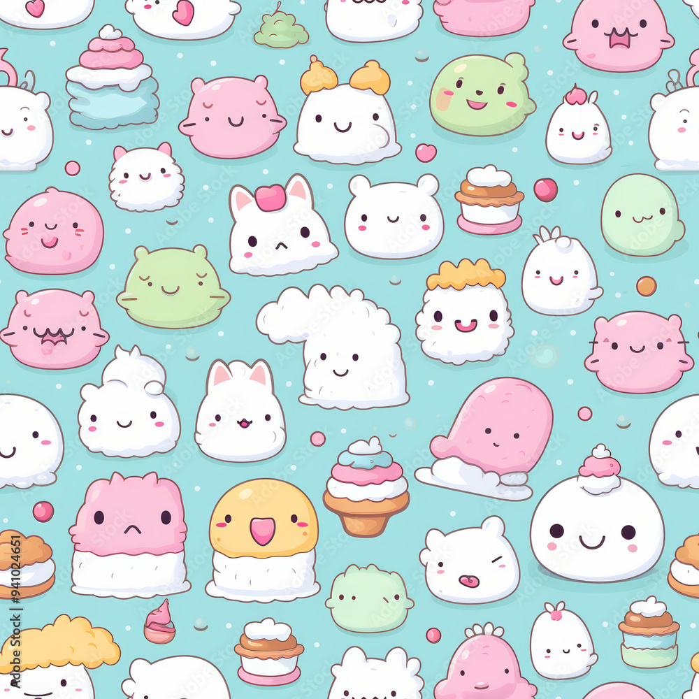 Seamless pattern with cute cartoon characters on blue background. Seamless pattern with cute cartoon characters on blue background.