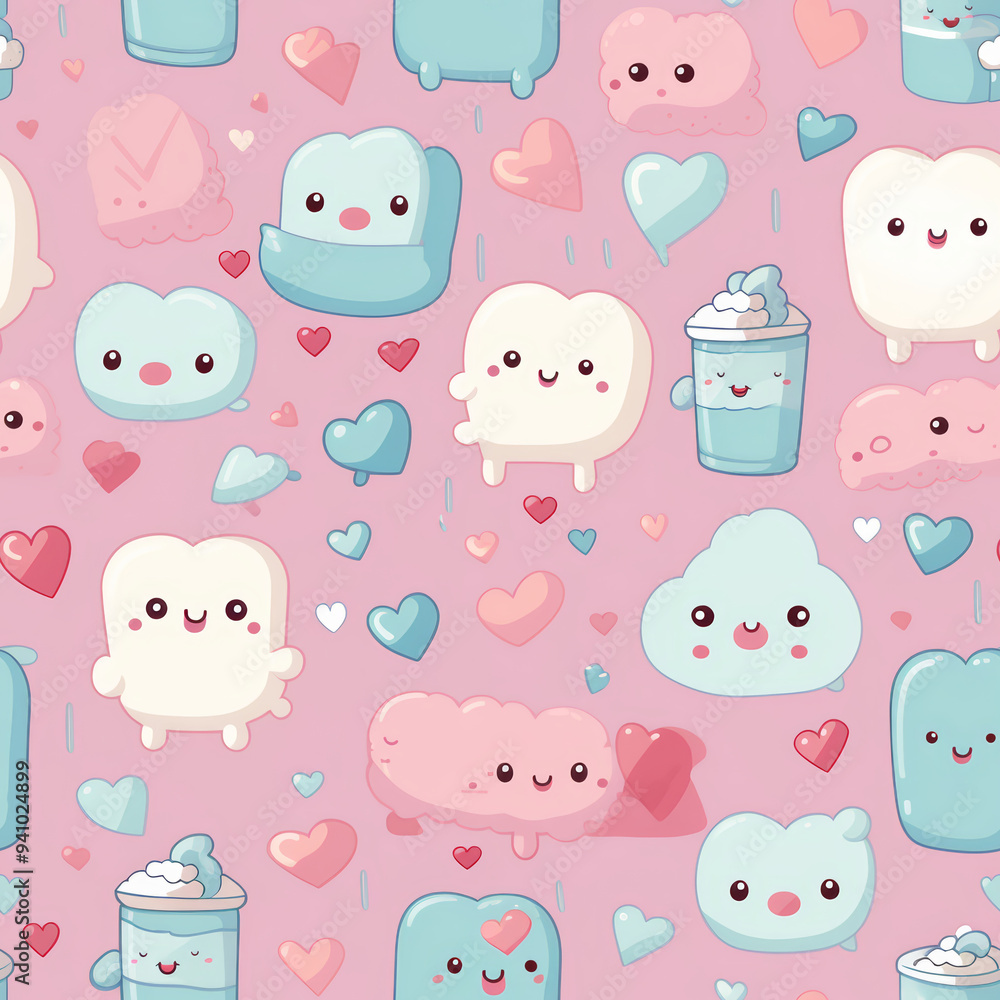 Seamless pattern with cute cartoon characters, hearts, and clouds on pink background. Seamless pattern with cute cartoon characters, hearts, and clouds on pink background.