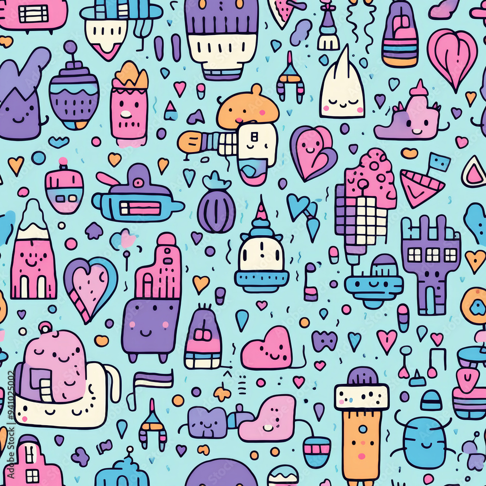 Seamless pattern with cute cartoon characters, hearts, and geometric shapes on a blue background. Seamless pattern with cute cartoon characters, hearts, and geometric shapes on a blue background.