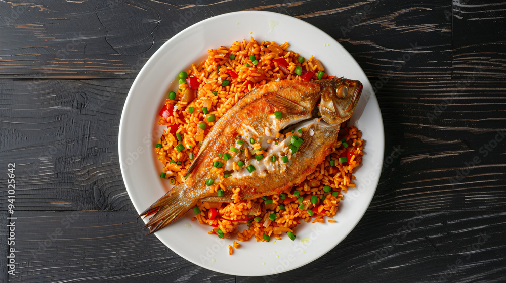 Fried whole fish served on a white plate with rice and vegetables on a black wooden table Fried whole fish served on a white plate with rice and vegetables on a black wooden table