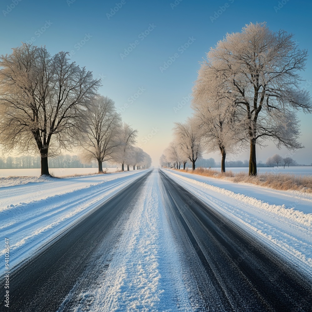 Obraz premium Straight road covered with snow and ice at winter