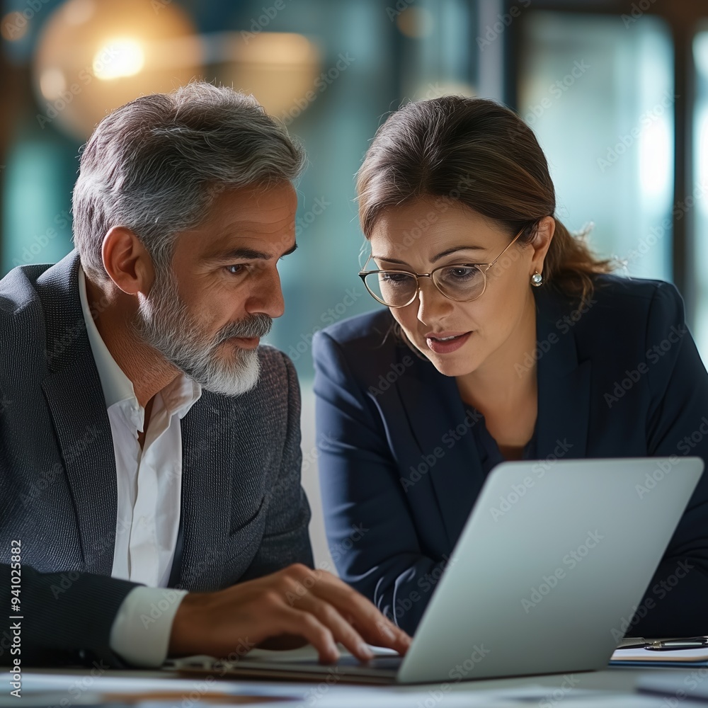 Fototapeta premium Team of diverse partners sitting at table mature Latin business man and European business woman discussing project