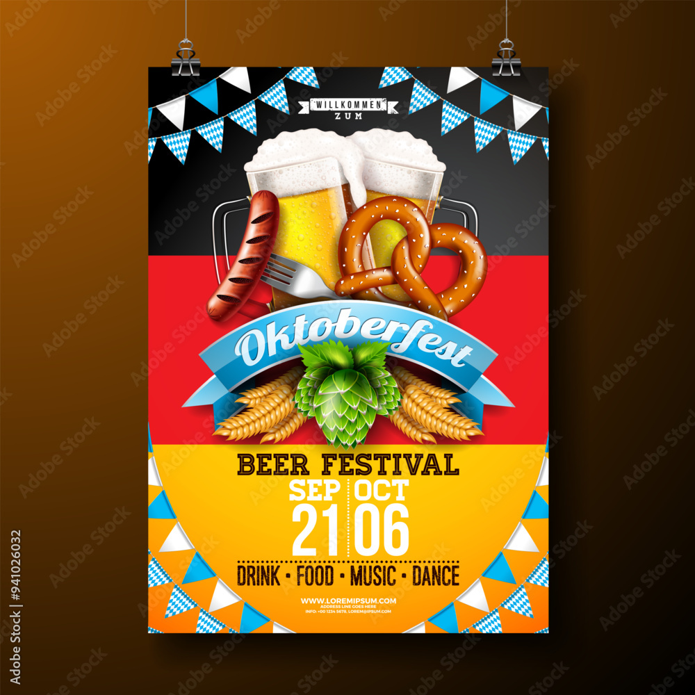 Oktoberfest Party Poster Illustration with Fresh Lager Beer, Pretzel ...