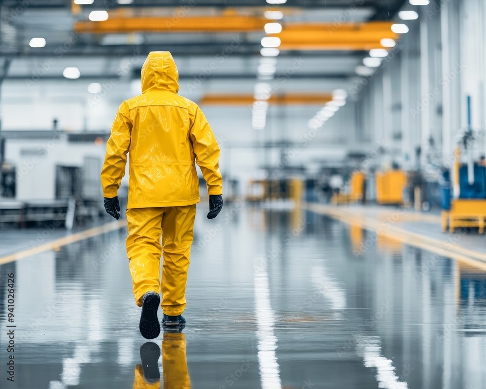 Obraz premium A worker in a yellow rain suit walks through a clean industrial facility, highlighting safety and professionalism in the workplace.