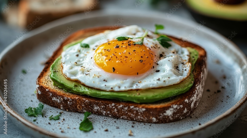 Delicious Avocado Toast with Sunny Side Up Egg on Rustic Plate for Healthy Breakfast Delicious Avocado Toast with Sunny Side Up Egg on Rustic Plate for Healthy Breakfast