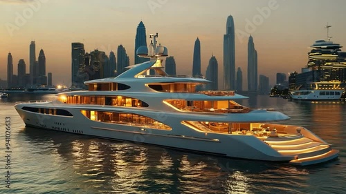 A large cruise ship is sailing in the ocean near a city