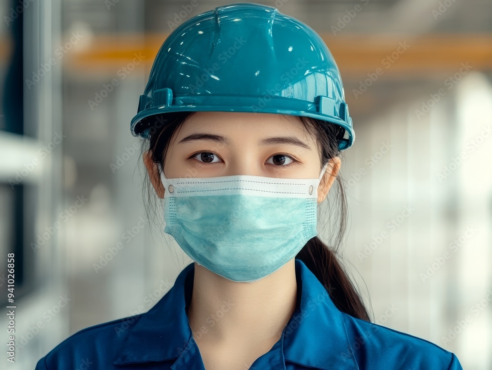 A young woman in a blue hard hat and face mask, looking at the camera with a serious expression. A young woman in a blue hard hat and face mask, looking at the camera with a serious expression.