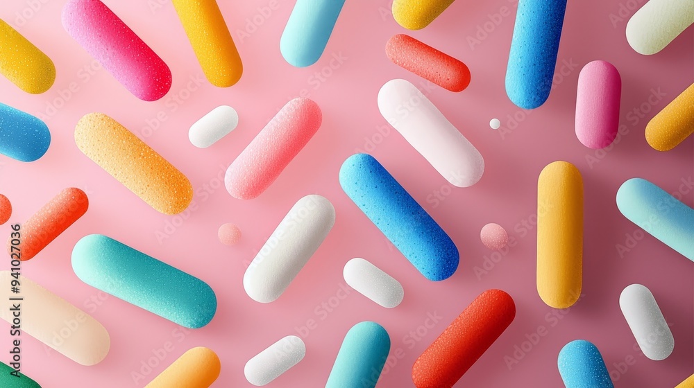 Abstract background with colorful 3D capsules on pink surface. Abstract background with colorful 3D capsules on pink surface.