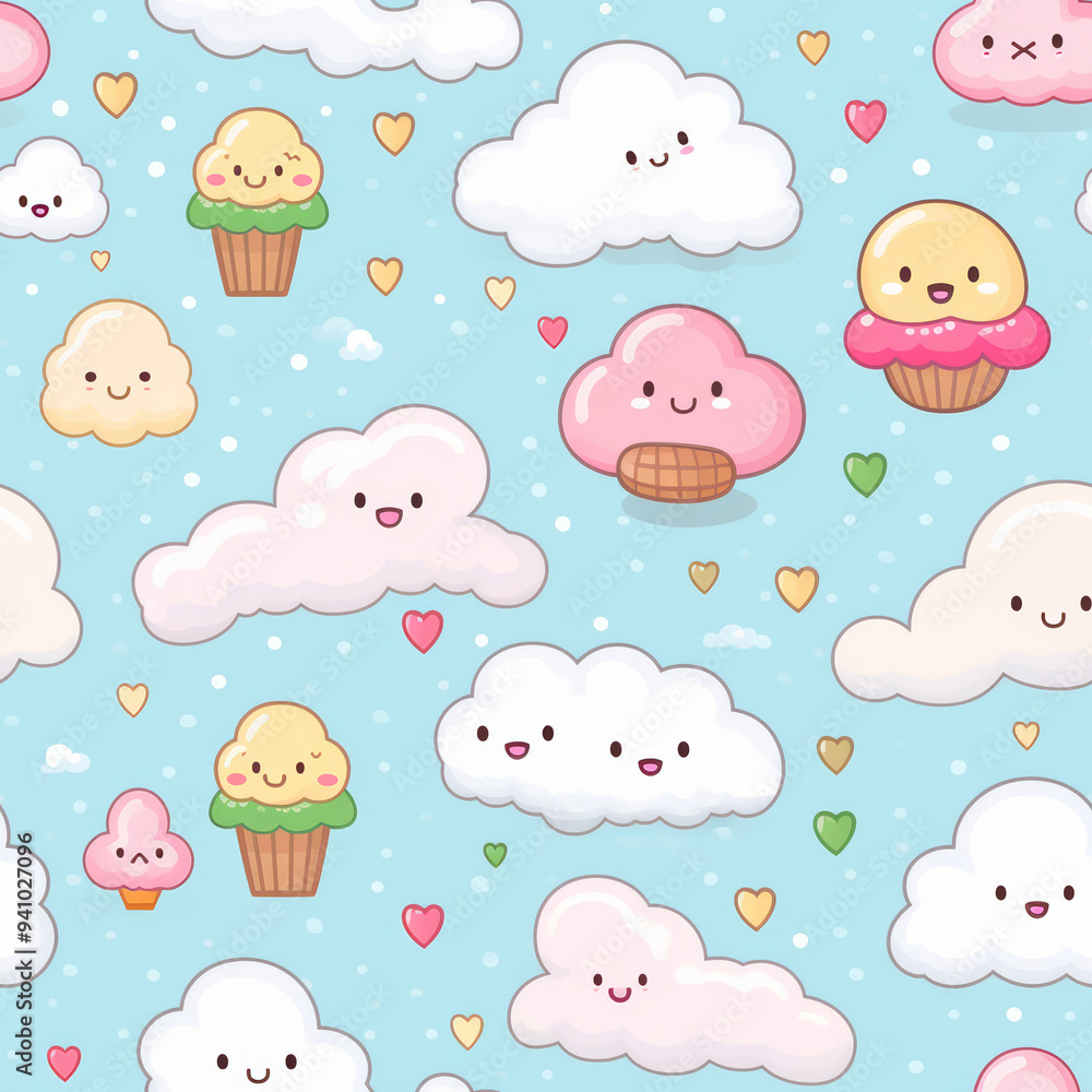 Seamless pattern with cute clouds and cupcakes on a light blue background. Seamless pattern with cute clouds and cupcakes on a light blue background.