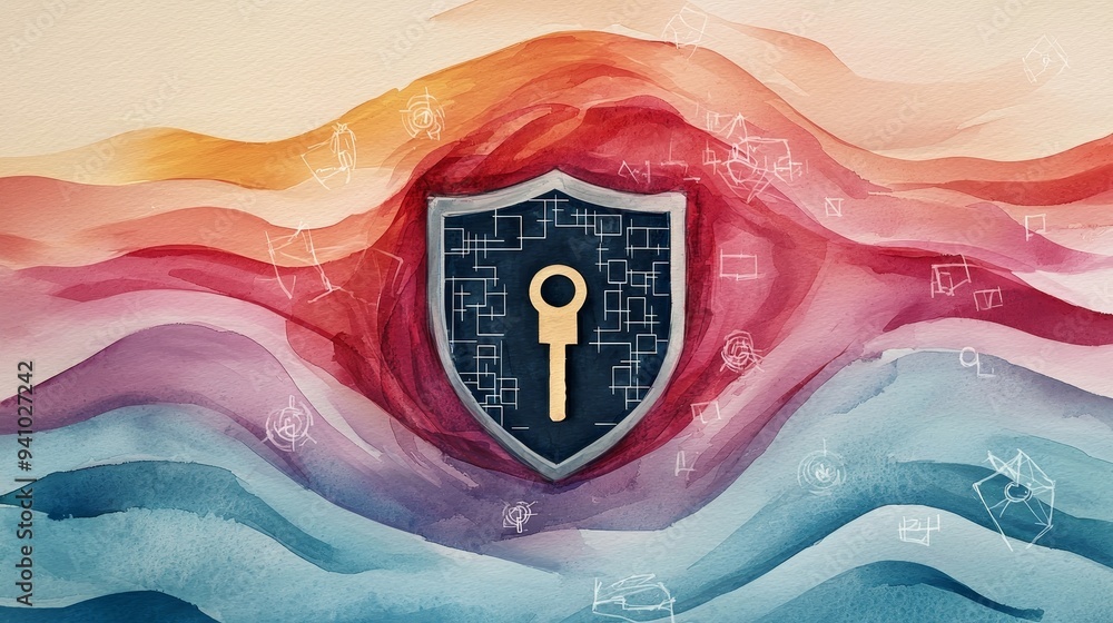Obraz premium Abstract digital art depicting a shield with a keyhole against a colorful background. Represents data security, protection, or privacy.