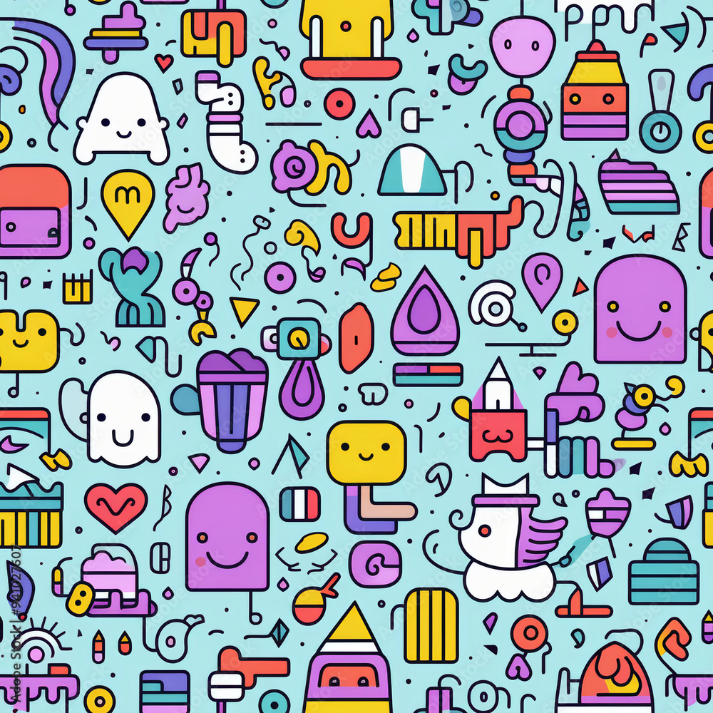 Seamless pattern with cute doodle characters, geometric shapes, and abstract elements on light blue background. Seamless pattern with cute doodle characters, geometric shapes, and abstract elements on light blue background.