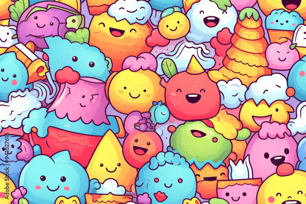 Seamless pattern with cute doodle characters in different colors and shapes. Seamless pattern with cute doodle characters in different colors and shapes.