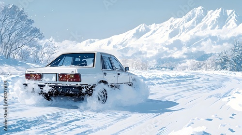 Car Losing Control on Snowy Mountain Road in Winter Landscape