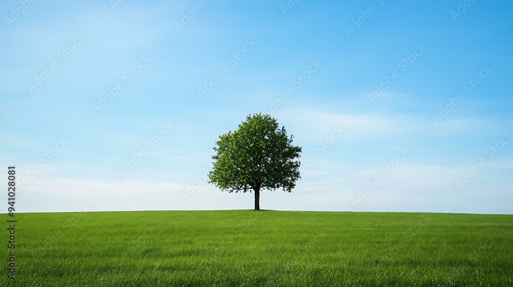 A solitary tree stands tall in a vast green field, reaching towards a bright blue sky with wispy clouds. A solitary tree stands tall in a vast green field, reaching towards a bright blue sky with wispy clouds.