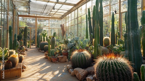 Green cactuses in botanical garden photo