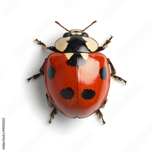 A close-up of a ladybug with red and black markings on its shell, its tiny legs outstretched.